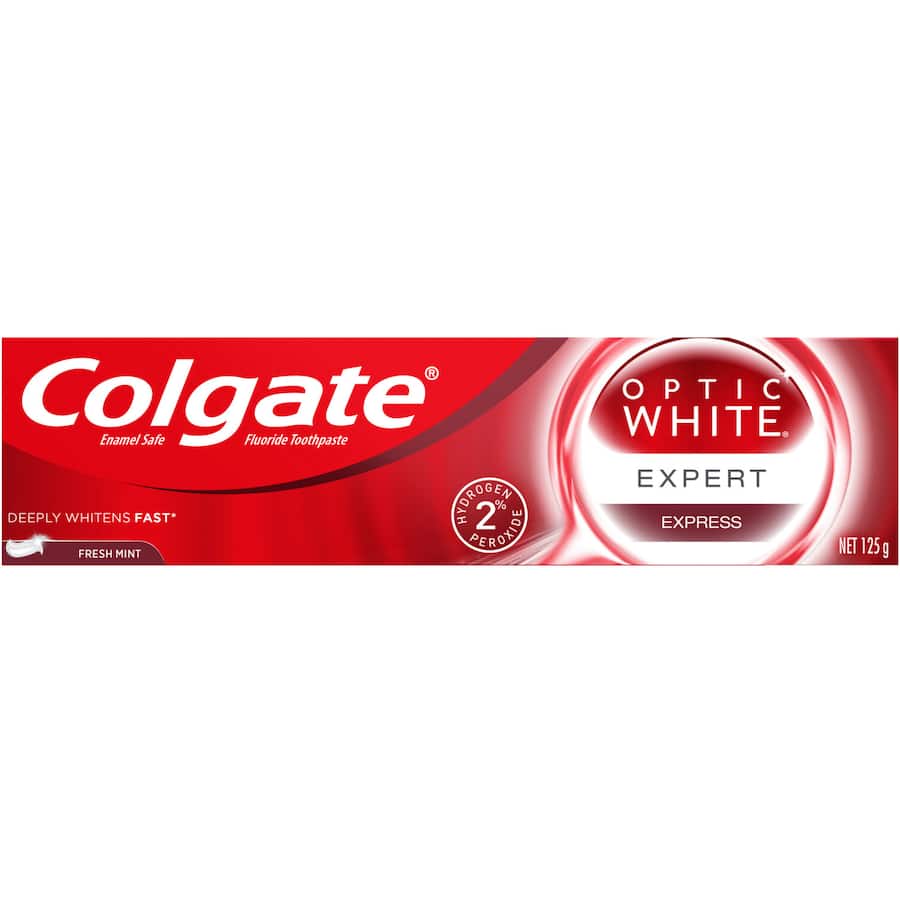Colgate Optic White Toothpaste for brightening smile, featuring hydrogen peroxide for whiter teeth in just 3 days.