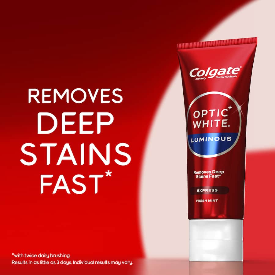 Colgate Optic White Toothpaste for quick whitening, featuring hydrogen peroxide for visibly whiter teeth in just 3 days.