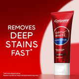 Colgate Optic White Toothpaste for quick whitening, featuring hydrogen peroxide for visibly whiter teeth in just 3 days.