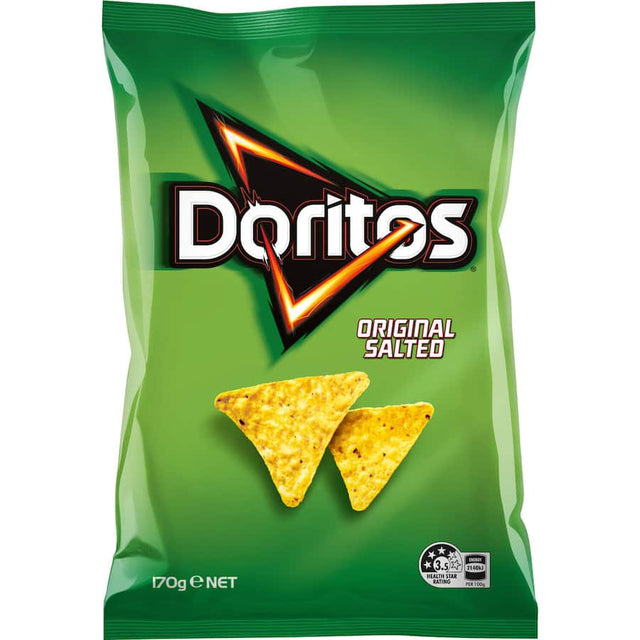 Doritos Corn Chips Original, featuring a classic salty crunch and bold flavor, perfect for snacking or dipping.