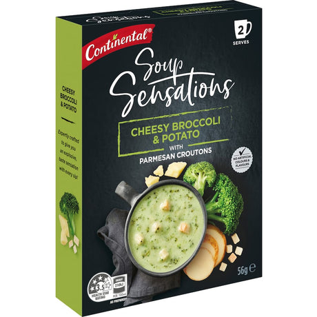 Cheesy Broccoli & Potato Instant Soup packet, rich and thick, serves 2 with gourmet flavors and no artificial ingredients.