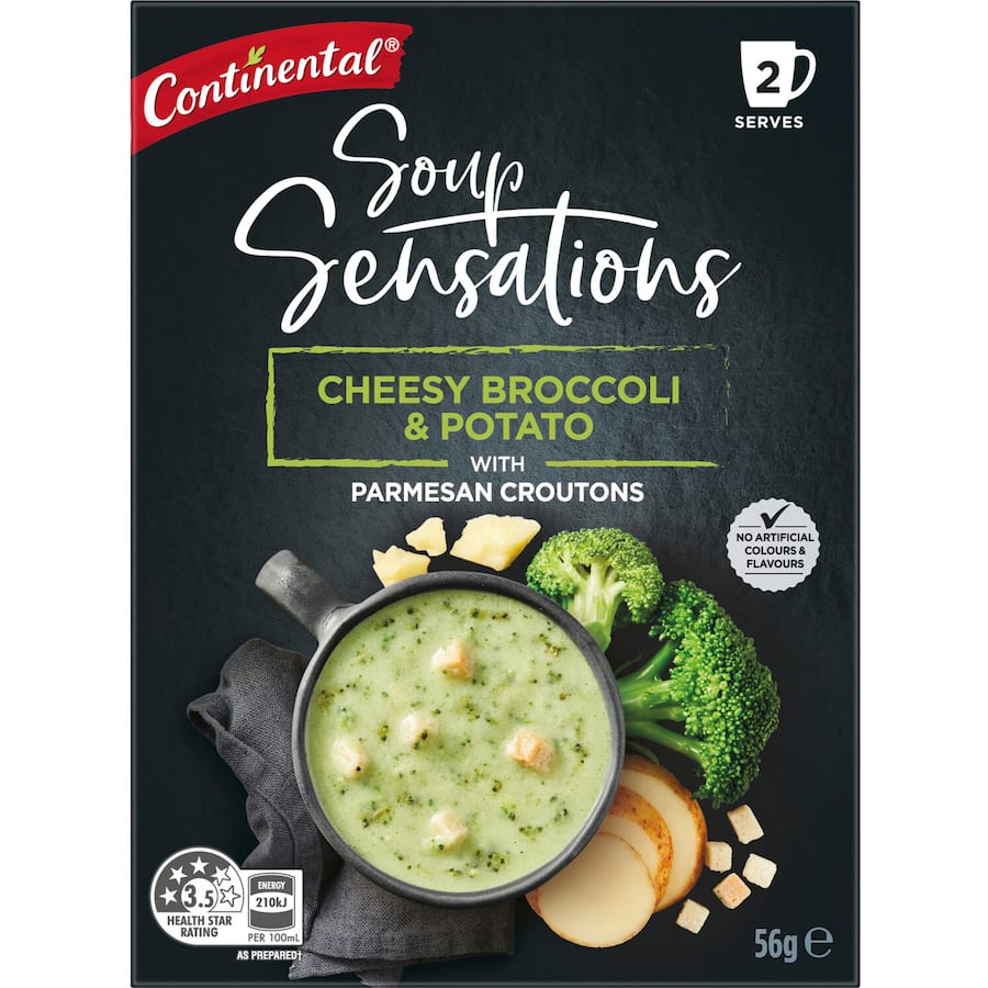 Bowl of Continental Sensations Instant Soup featuring Cheesy Broccoli & Potato, thick and rich, serving 2 with gourmet flavors.