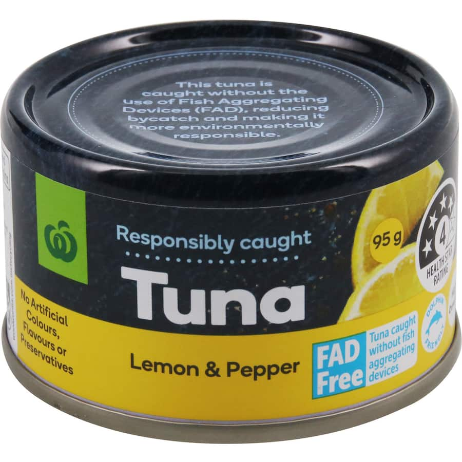 Woolworths Tuna Lemon & Pepper: nutritious, dolphin-friendly tuna with zesty lemon and pepper, perfect for salads and sandwiches.