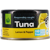 Woolworths Tuna Lemon & Pepper - Zesty, omega-3 rich tuna, dolphin-friendly, perfect for salads or sandwiches.