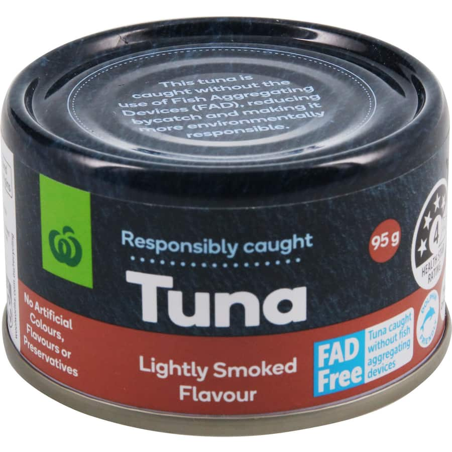 Woolworths Smoked Tuna in a can, rich in omega-3, dolphin-friendly, perfect for salads and sandwiches, no artificial additives.