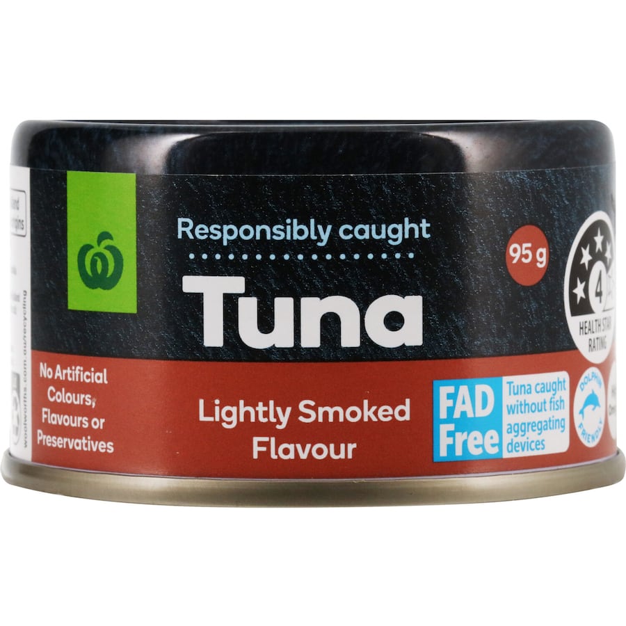 Woolworths Smoked Tuna in a can, rich in flavor and omega-3, perfect for salads and sandwiches, responsibly sourced and dolphin friendly.