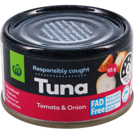 Canned Woolworths Tuna with Tomato & Onion, perfect for quick, nutritious meals; sustainably sourced and dolphin-friendly.