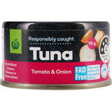 Canned Woolworths Tuna with Tomato and Onion, offering a sustainable, protein-rich snack for quick meals and salads.