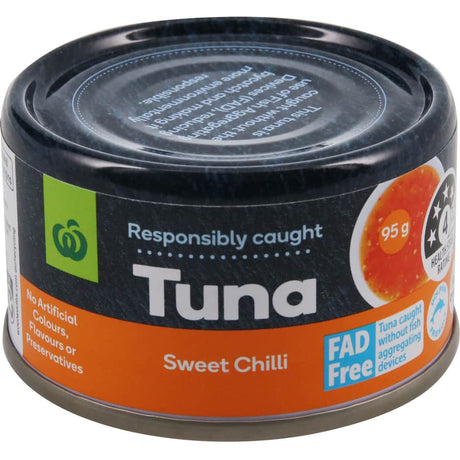 Woolworths Tuna Sweet Chilli: Premium, protein-rich tuna with sweet chilli flavor, sustainably sourced and dolphin-friendly.