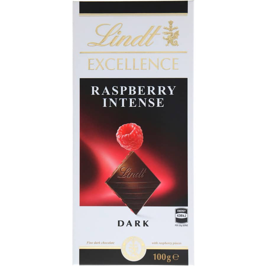 Lindt Excellence Chocolate Raspberry bar featuring rich dark chocolate and tart raspberry flavor, perfect for indulgence.