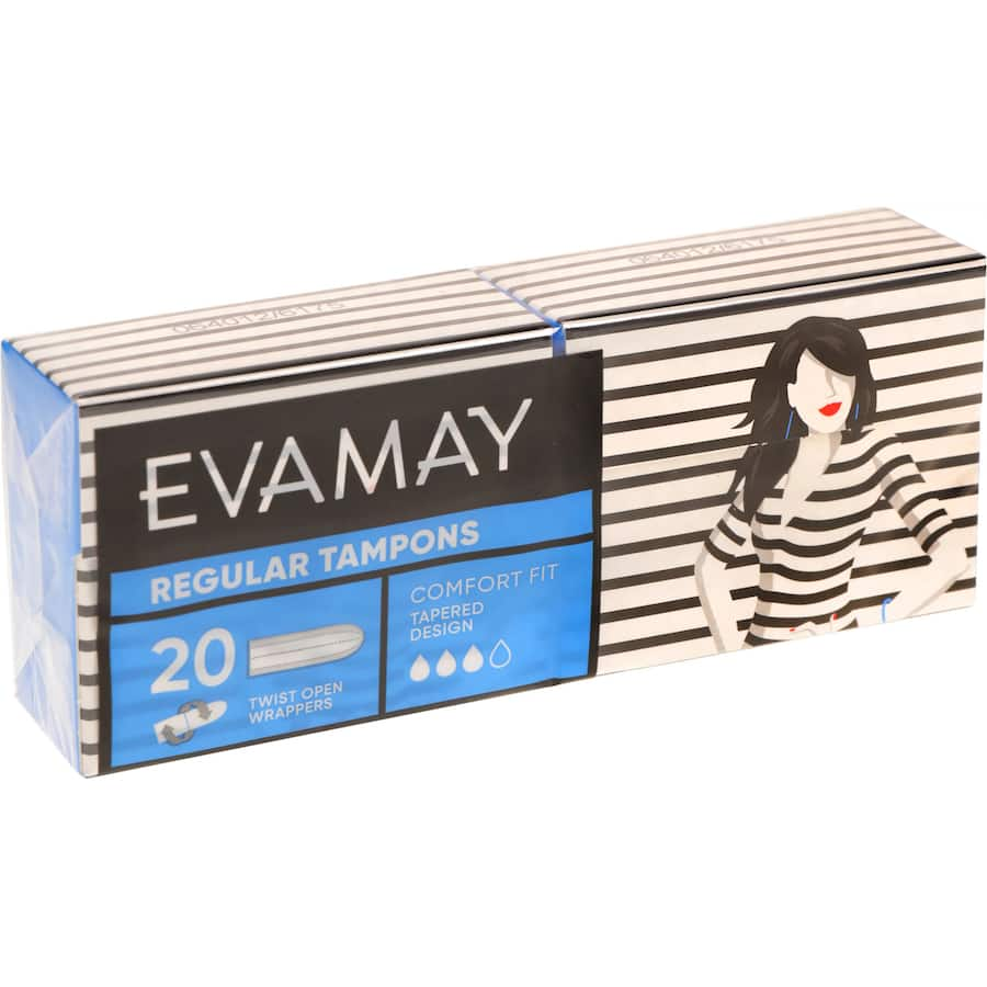 Evamay Tampons Regular pack of 20, designed for comfort, protection, and easy insertion with a soft cover and tapered tip.