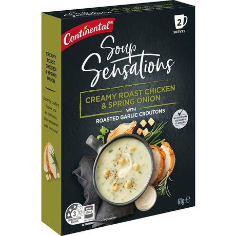 Creamy Roast Chicken & Spring Onion soup with croutons, offering rich flavors and quick preparation in under 1.5 minutes.