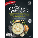 Creamy Roast Chicken & Spring Onion soup with roasted garlic croutons, ready in under 1.5 minutes for a gourmet meal.