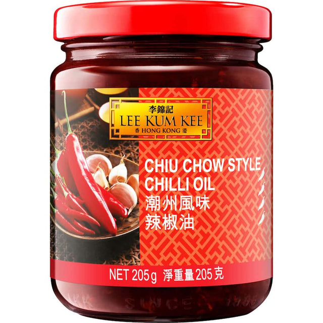 Lee Kum Kee Chiu Chow Chilli Oil bottle showcasing premium preserved chillies for enhancing Asian dishes and dipping.