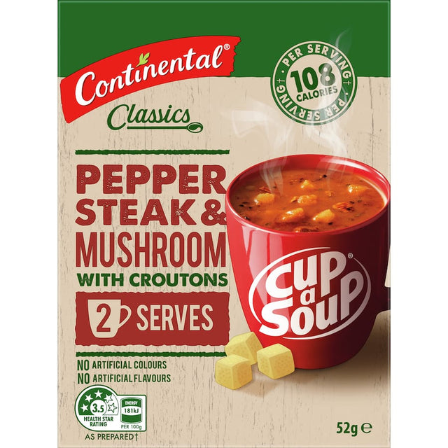 Image of Continental Cup A Soup Pepper Steak & Mushroom instant soup mix, featuring rich flavors and natural ingredients in a 52g packet.