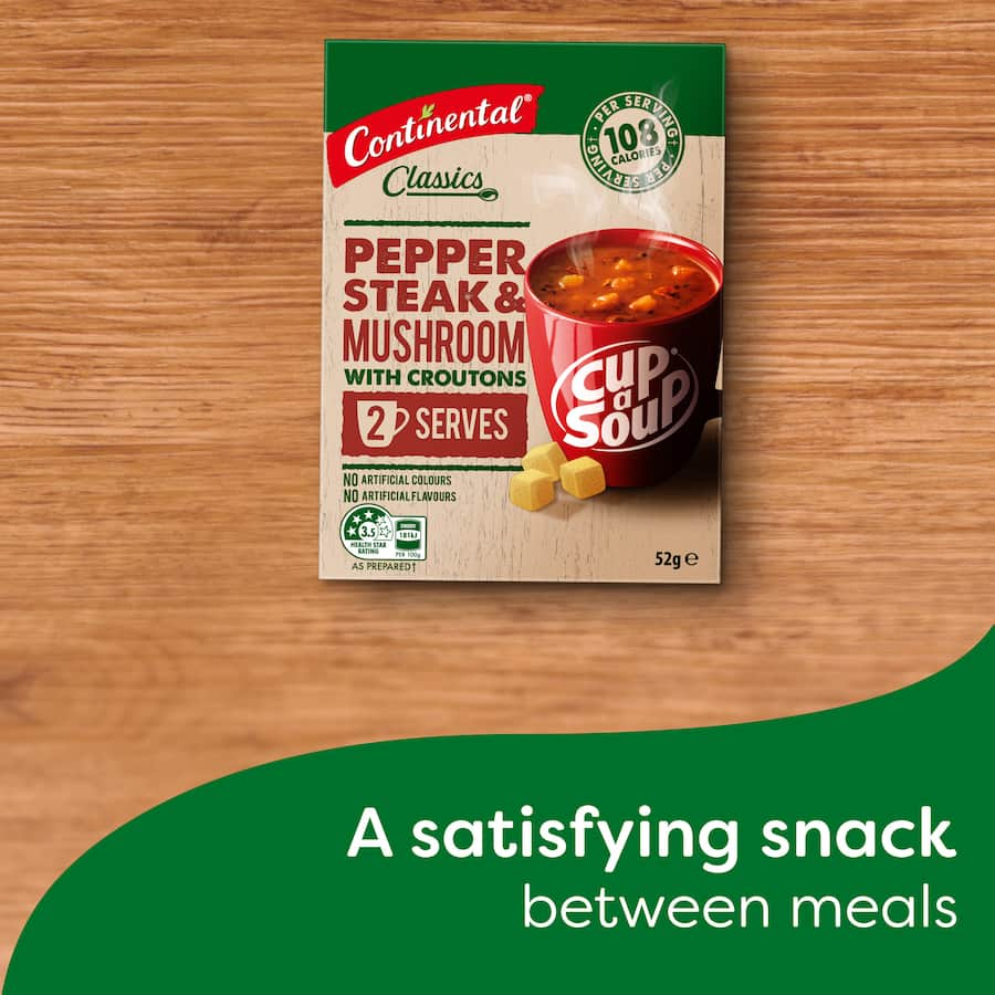 Instant soup mix featuring savory peppered steak and mushrooms, easy to prepare with boiling water for a quick snack.