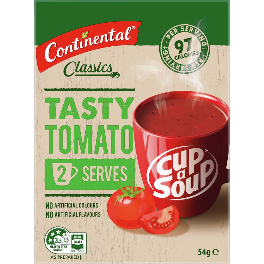 A warm bowl of Continental Cup A Soup Tasty Tomato, offering rich flavor in a convenient instant format.