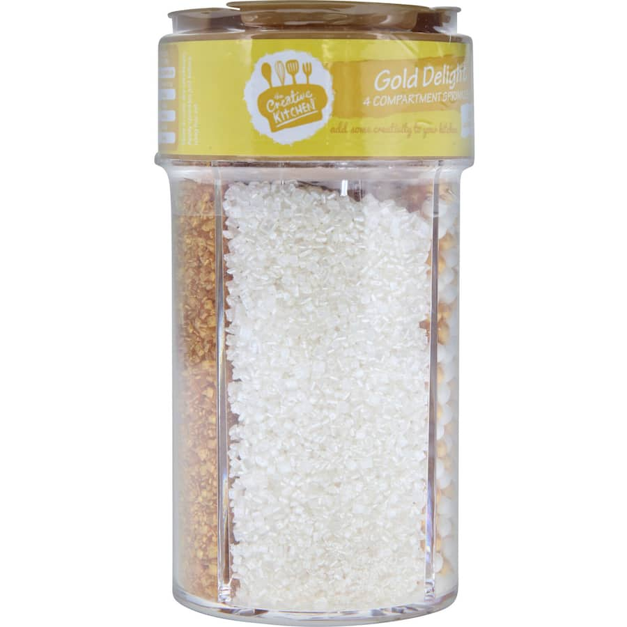 Gold compartments of Creative Kitchen Sprinkles for elegant baking decorations, featuring shimmering stars and hearts.