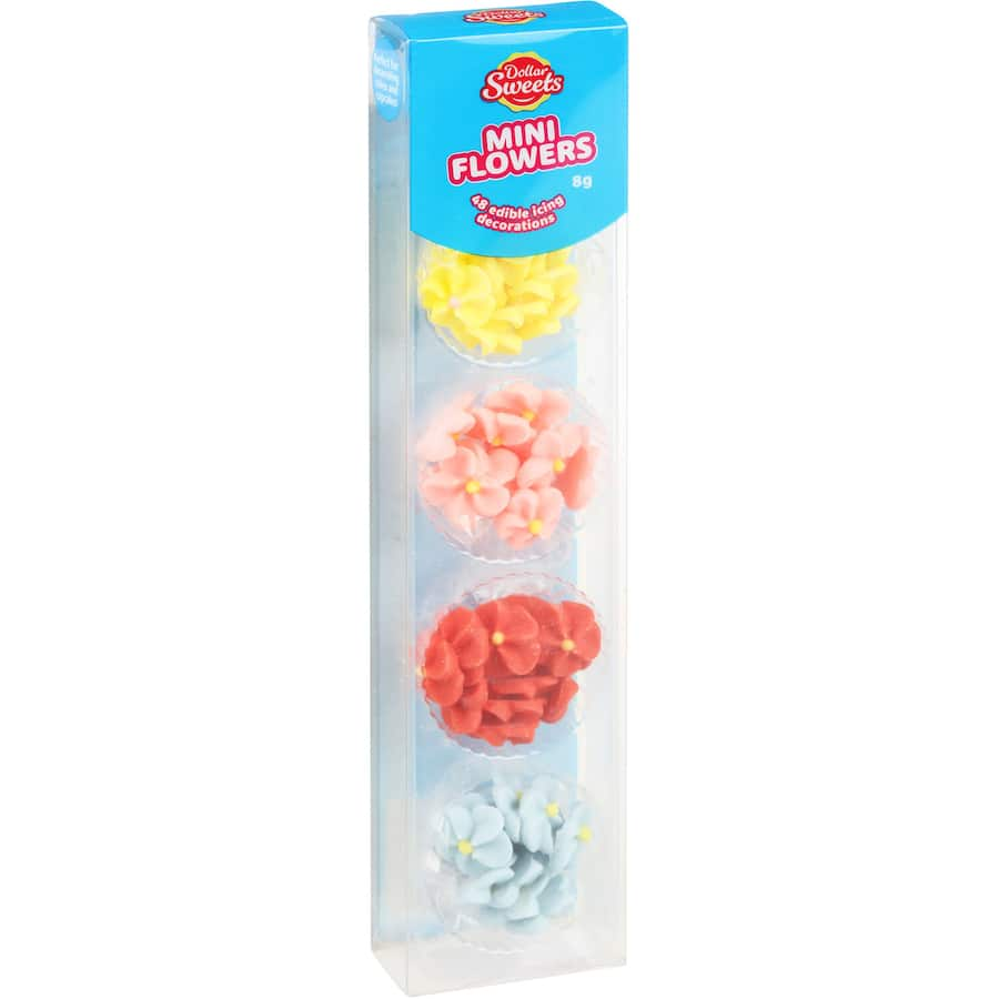 Colorful edible mini flower icing decorations for enhancing cupcakes, cakes, and cookies. Perfect for bakers and party planners.