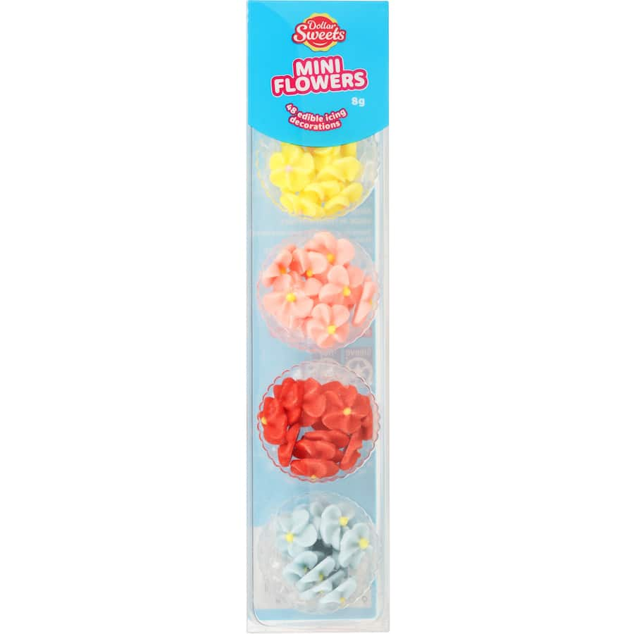 Colorful mini flower icing decorations perfect for enhancing cupcakes, cakes, and cookies with a floral touch.