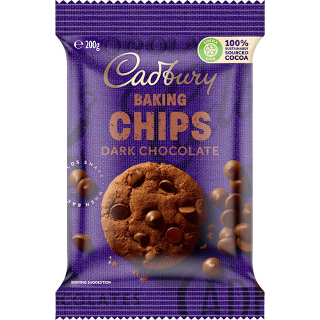 Cadbury Baking Chocolate Chips Dark: rich dark chocolate chips perfect for cookies and desserts, made from sustainably sourced cocoa.