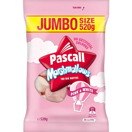 Jumbo pink and white Pascall marshmallows, raspberry and vanilla flavored, soft and perfect for toasting or desserts.