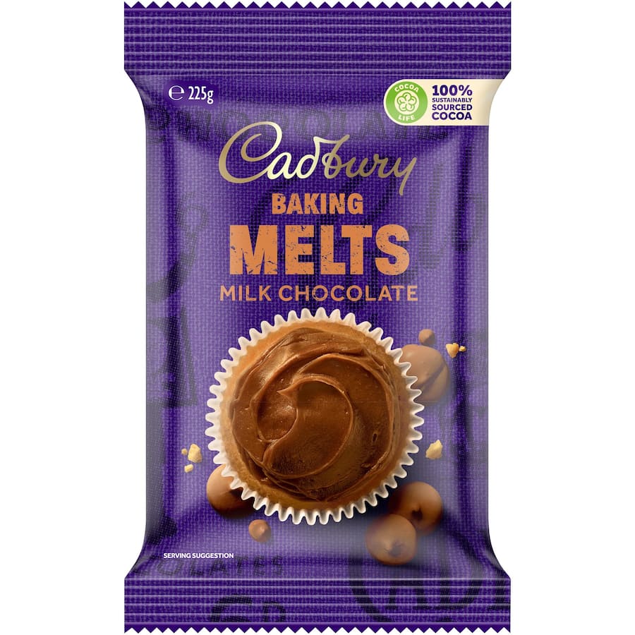 Cadbury Baking Chocolate Melts Real Milk, smooth milk chocolate for delicious baking, made from 100% sustainably sourced cocoa.