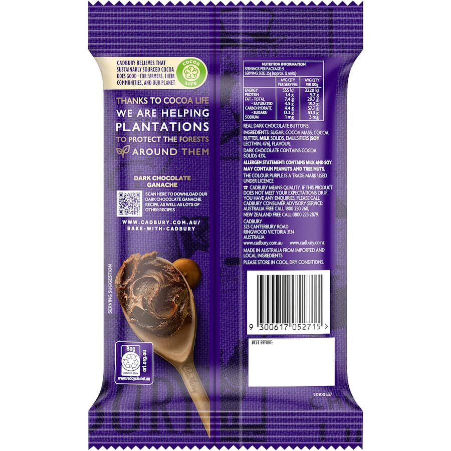 Cadbury Chocolate Baking Dark Melts, perfect for melting and enhancing desserts with rich, sustainably sourced dark chocolate.