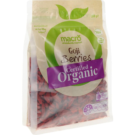 Delicious Macro Organic Goji Berries, high in antioxidants and fiber, perfect for snacks or adding to meals.