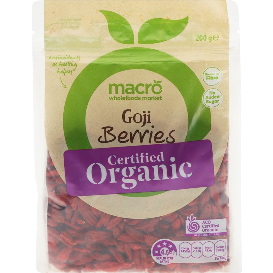 Macro Organic Goji Berries in a vibrant pack, rich in antioxidants and fiber, perfect for healthy snacking or smoothies.