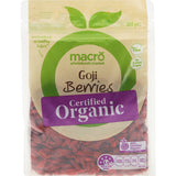 Macro Organic Goji Berries in a vibrant pack, rich in antioxidants and fiber, perfect for healthy snacking or smoothies.