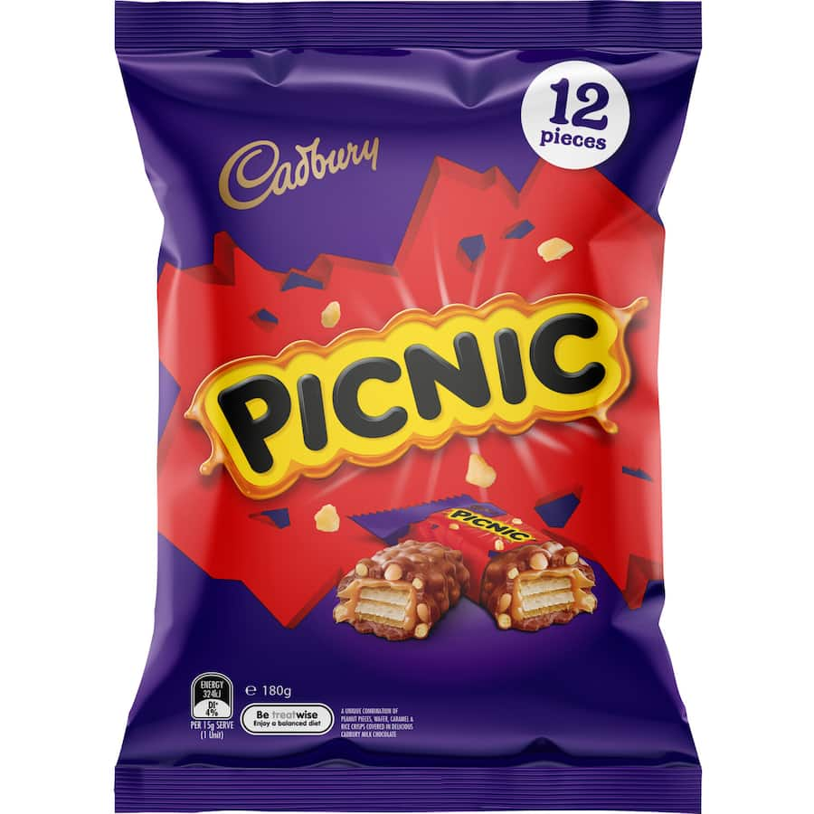 Cadbury Chocolate Sharepack Picnic featuring rich chocolate, crunchy biscuits, and caramel pieces, perfect for sharing at gatherings.