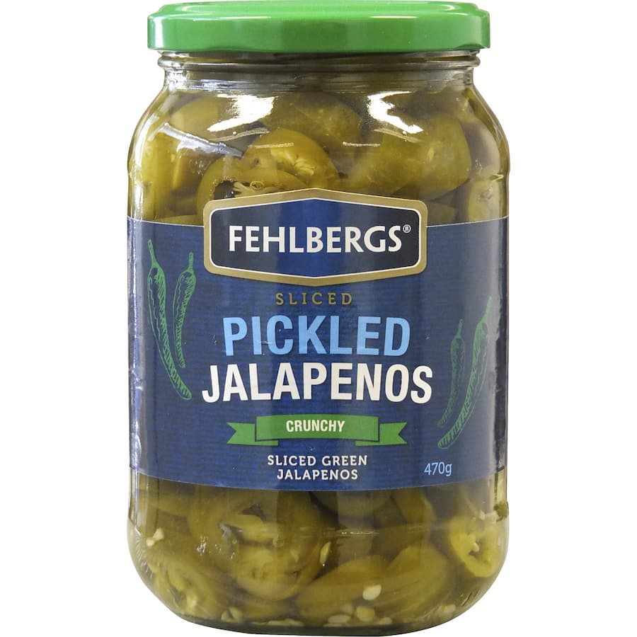 A jar of Fehlbergs Jalapenos, vibrant spicy peppers perfect for enhancing tacos, nachos, and dips in everyday cooking.