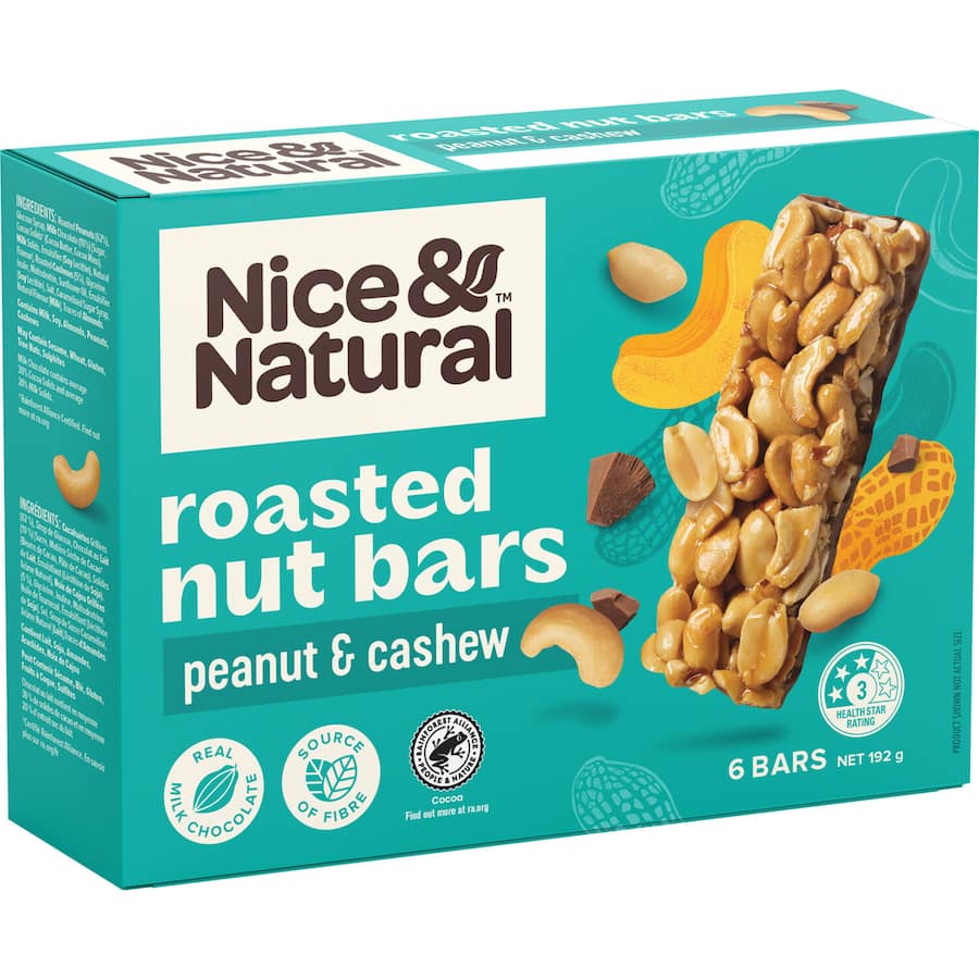 Nice & Natural Nut Bars featuring roasted peanuts and cashews coated in rich milk chocolate, perfect for nutritious snacking.