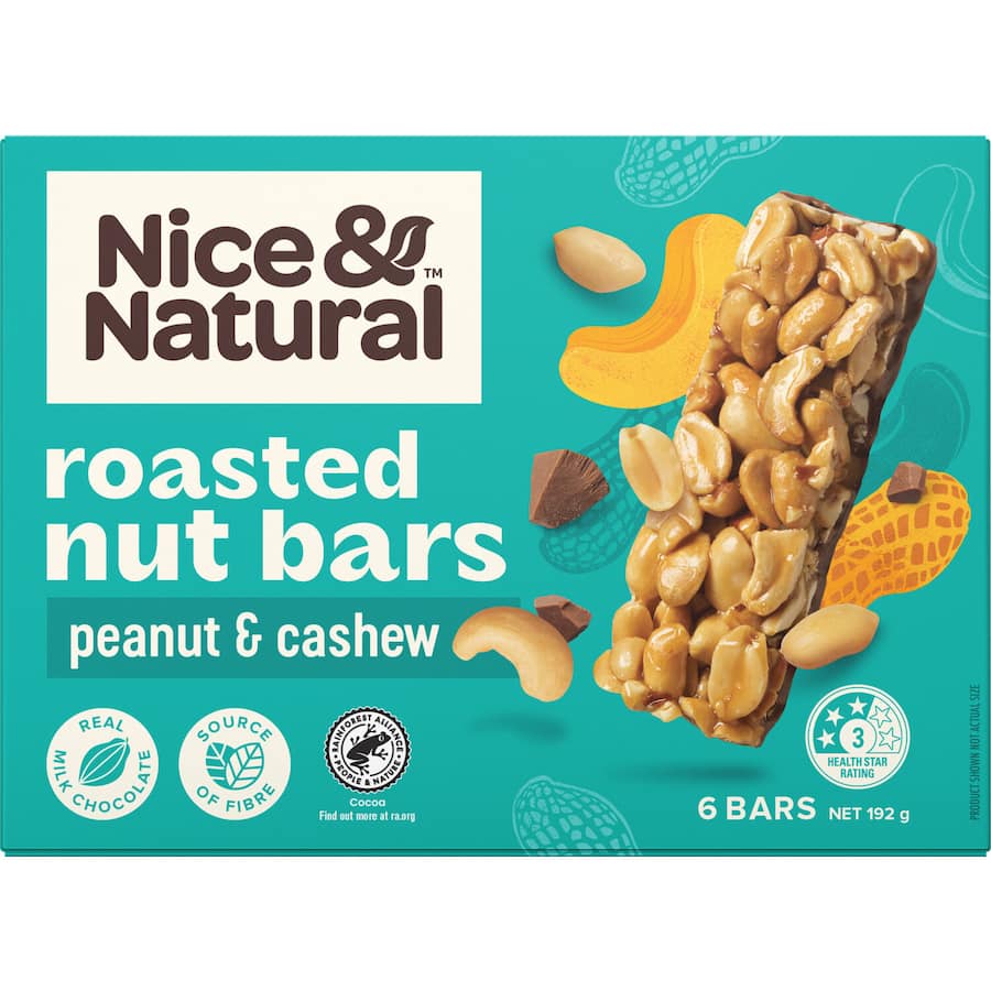 Nice & Natural Nut Bars featuring roasted peanuts and cashews coated in rich milk chocolate, perfect for healthy snacking.