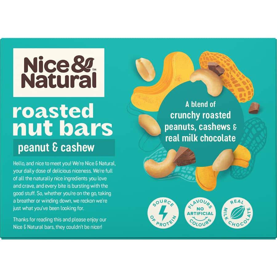 Nice & Natural Nut Bars with roasted peanuts and cashews, coated in milk chocolate, perfect for a healthy, energizing snack.