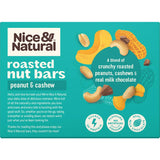 Nice & Natural Nut Bars with roasted peanuts and cashews, coated in milk chocolate, perfect for a healthy, energizing snack.