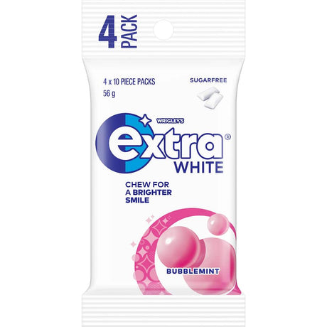 Wrigley's Extra Chewing Gum White Bubble Mint, a sugar-free gum promoting fresh breath and oral health in a convenient 4 pack.