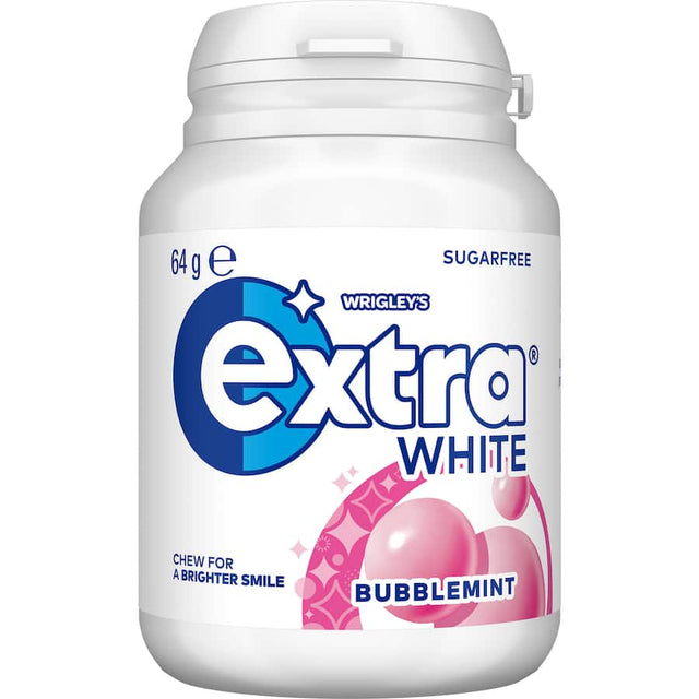 Wrigley's Extra Chewing Gum White Bubblemint pack showcasing sugar-free gum that freshens breath and supports oral health.