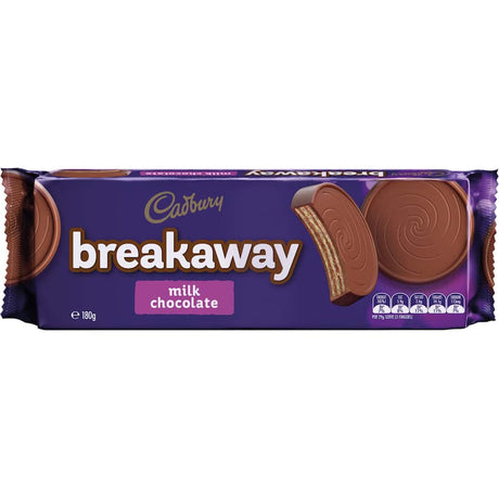 Cadbury Breakaway Milk Chocolate: six crispy wafers coated in rich milk chocolate, perfect for a quick indulgent snack.