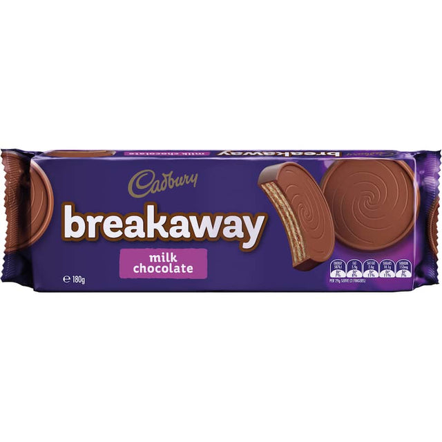 Cadbury Breakaway Milk Chocolate: six crispy wafers coated in rich milk chocolate, perfect for a quick indulgent snack.