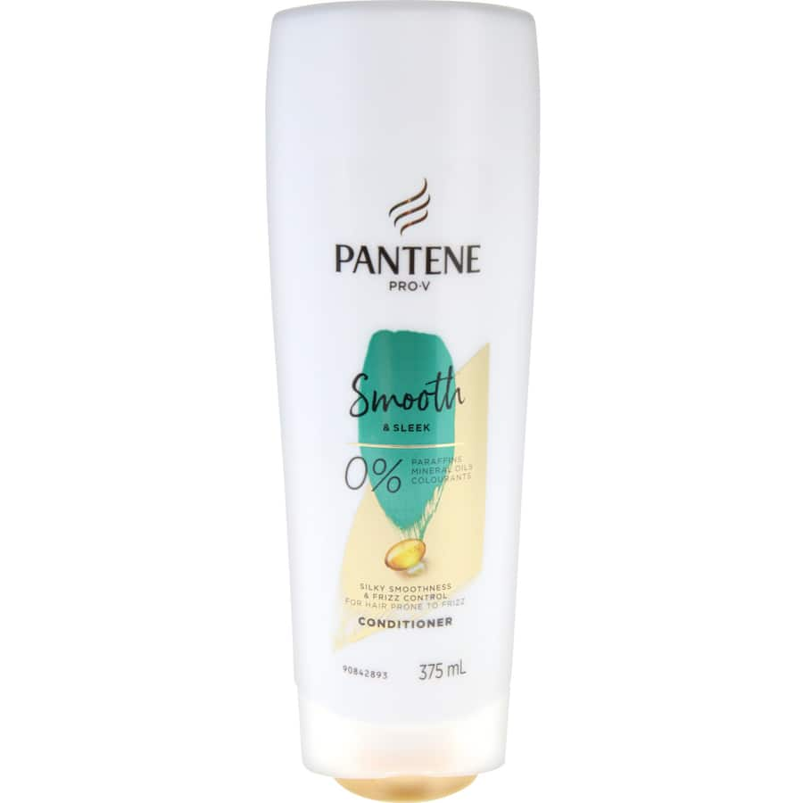 Pantene Pro-V Smooth & Sleek Conditioner for frizzy hair, offering frizz control and hydration with 0% harsh chemicals.