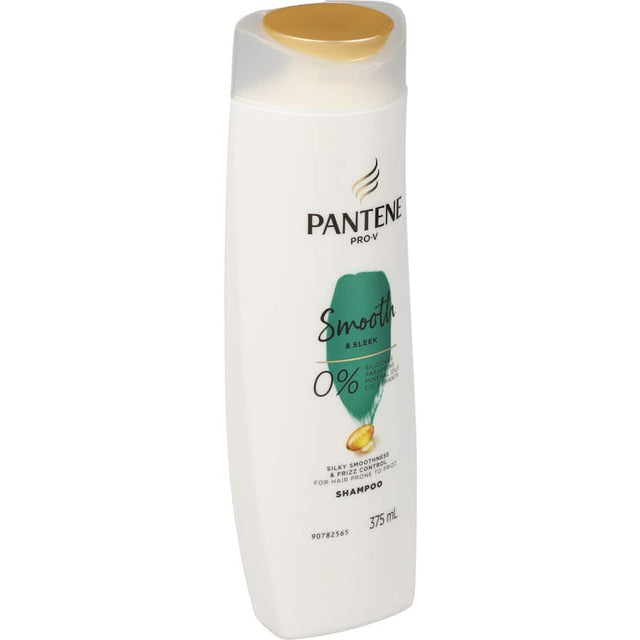 Pantene Pro-V Smooth & Sleek Shampoo for frizzy hair, offering frizz control, silkiness, and nourishment without silicones.