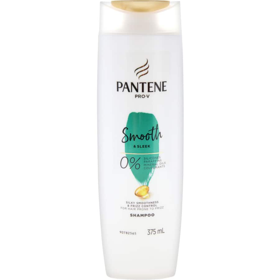 Pantene Pro-V Smooth & Sleek Shampoo for frizzy hair, enriched with nutrients, offers frizz control and silky smoothness.