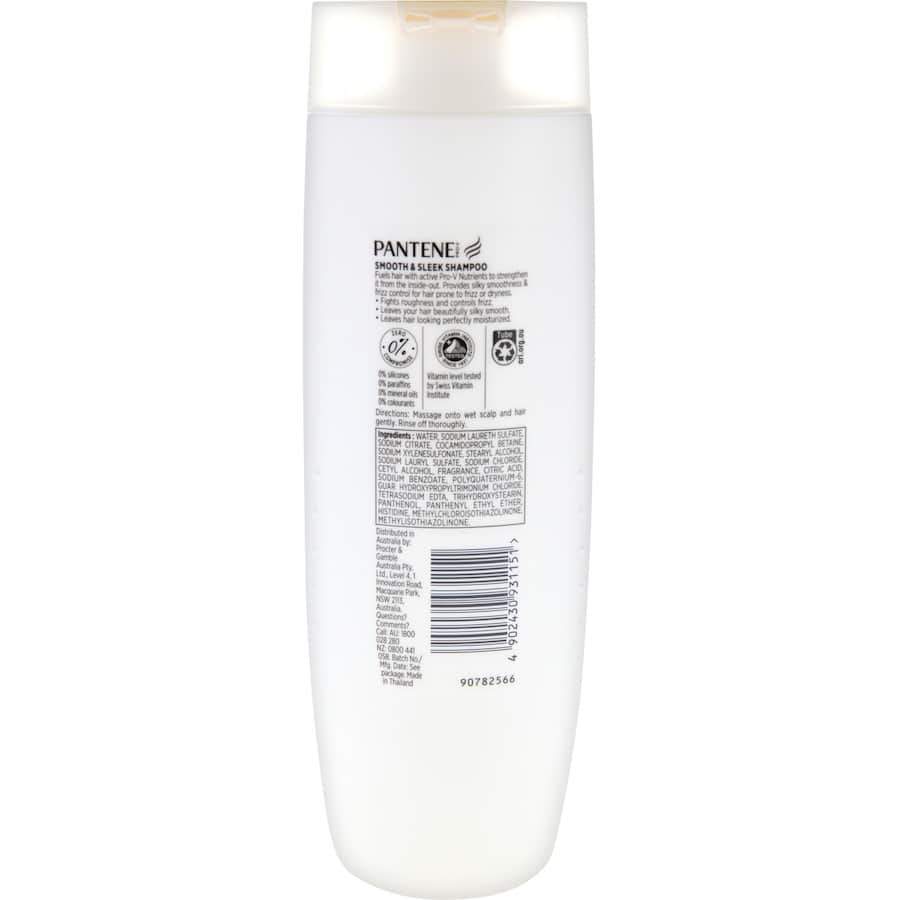 Pantene Pro-V Smooth & Sleek Shampoo for frizzy hair, enriching with Pro-V nutrients for silky smoothness and frizz control.