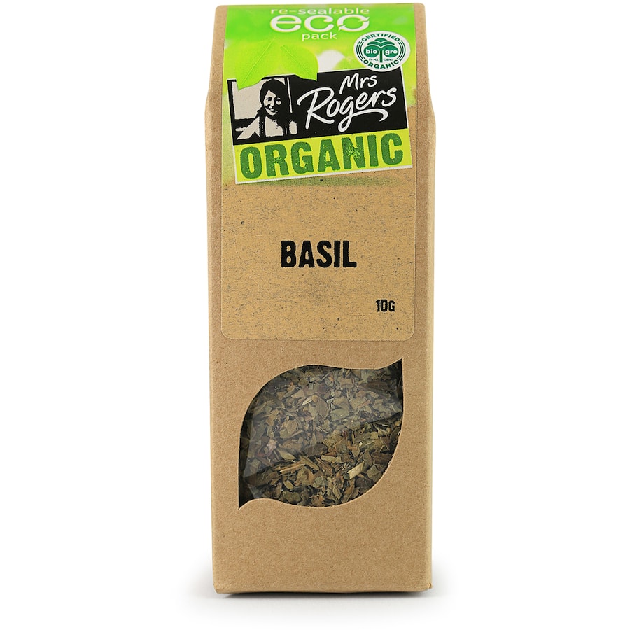 Mrs Rogers Eco Pack Basil Organic showcases vibrant green basil leaves, perfect for enhancing Mediterranean and Italian dishes.