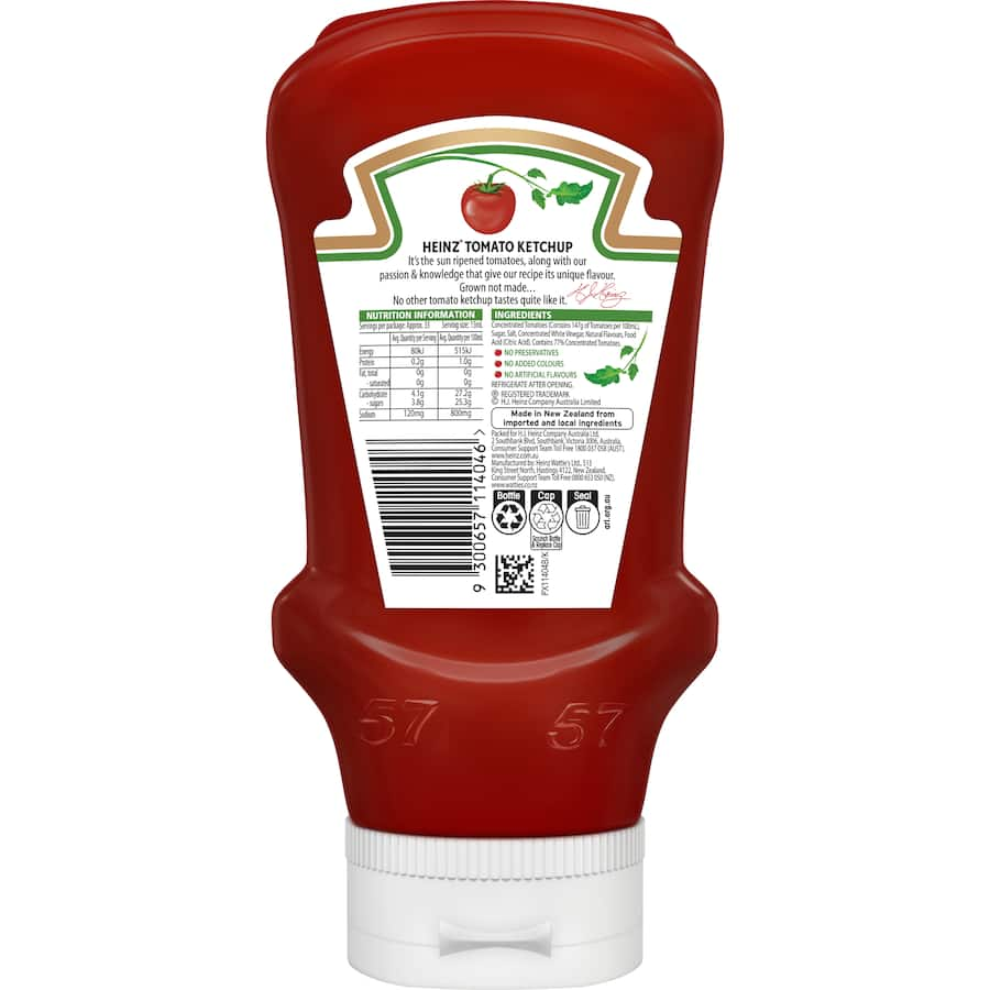 Heinz Tomato Ketchup in a squeezy bottle, perfect for enhancing burgers, fries, and snacks with its sweet-tangy flavor.