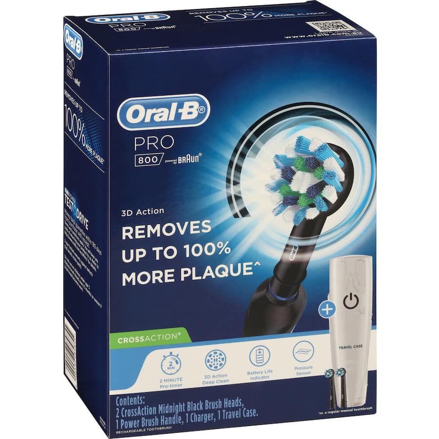 Oral B Pro 800 Electric Toothbrush features 3D cleaning action, pressure sensor, and effective plaque removal for optimal oral care.