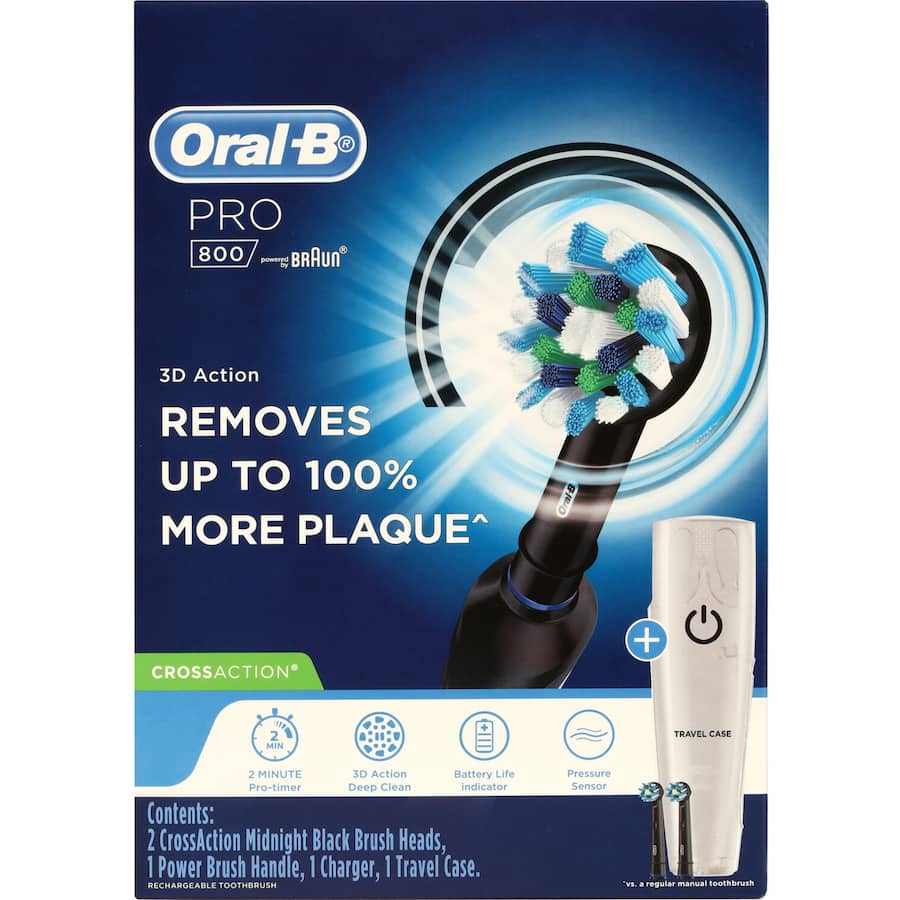 Oral B Pro 800 Electric Toothbrush with 3D cleaning, pressure sensor, and travel case for effective plaque removal.