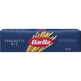 Barilla Pasta Spaghetti No. 5 in a classic blue box, perfect for making al dente Italian dishes with various sauces.